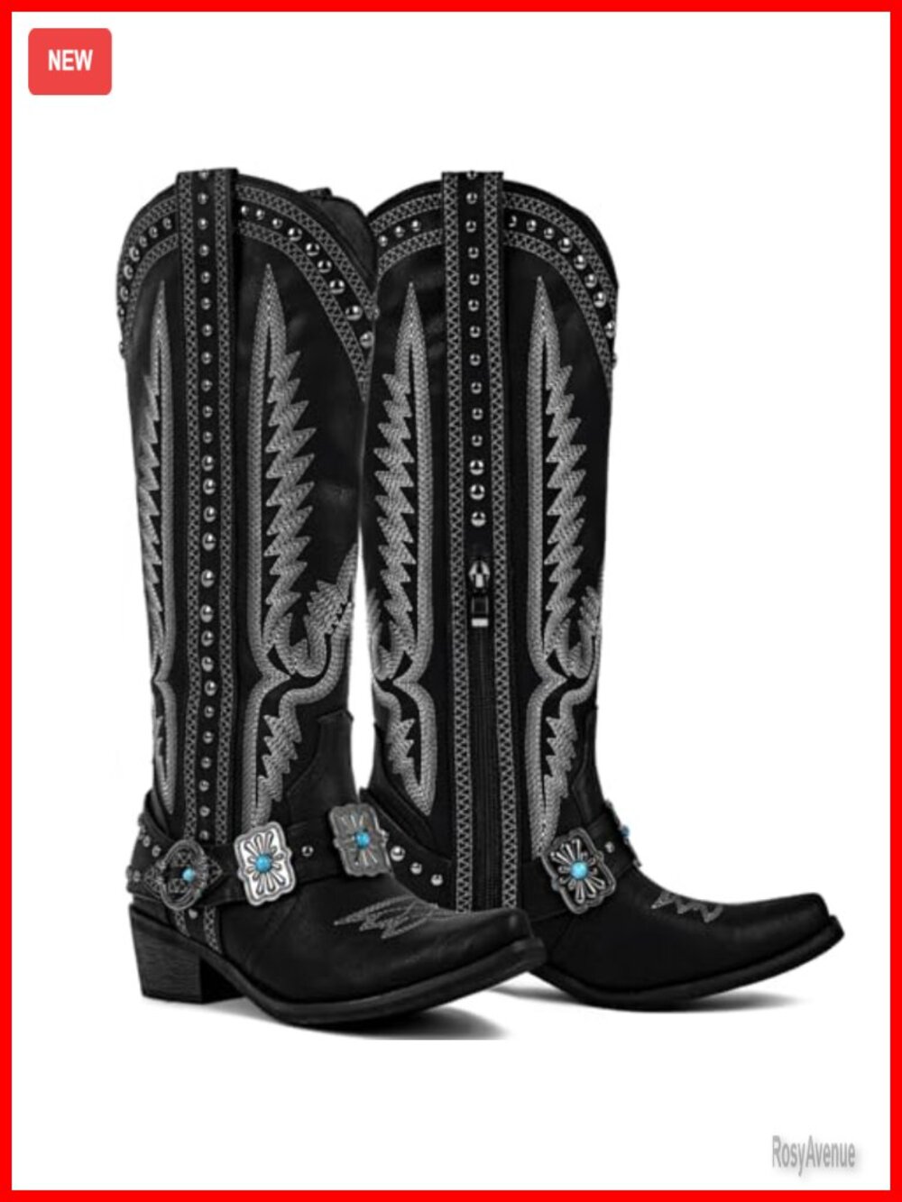 Knee High Cowboy Boots Western Embroidered Belt Buckle Chain
